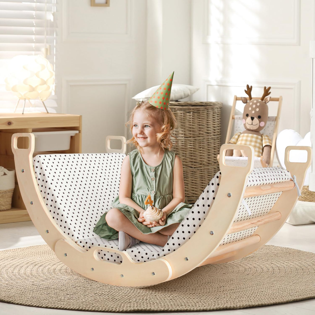 Kids Climber Arch Rocker with Cushion Pad Black,Montessori Climber Indoor Climbing Toys for Kids, Arch Climber Wooden Indoor Playground for Climbing (Small Arch Climbing with Cushion)