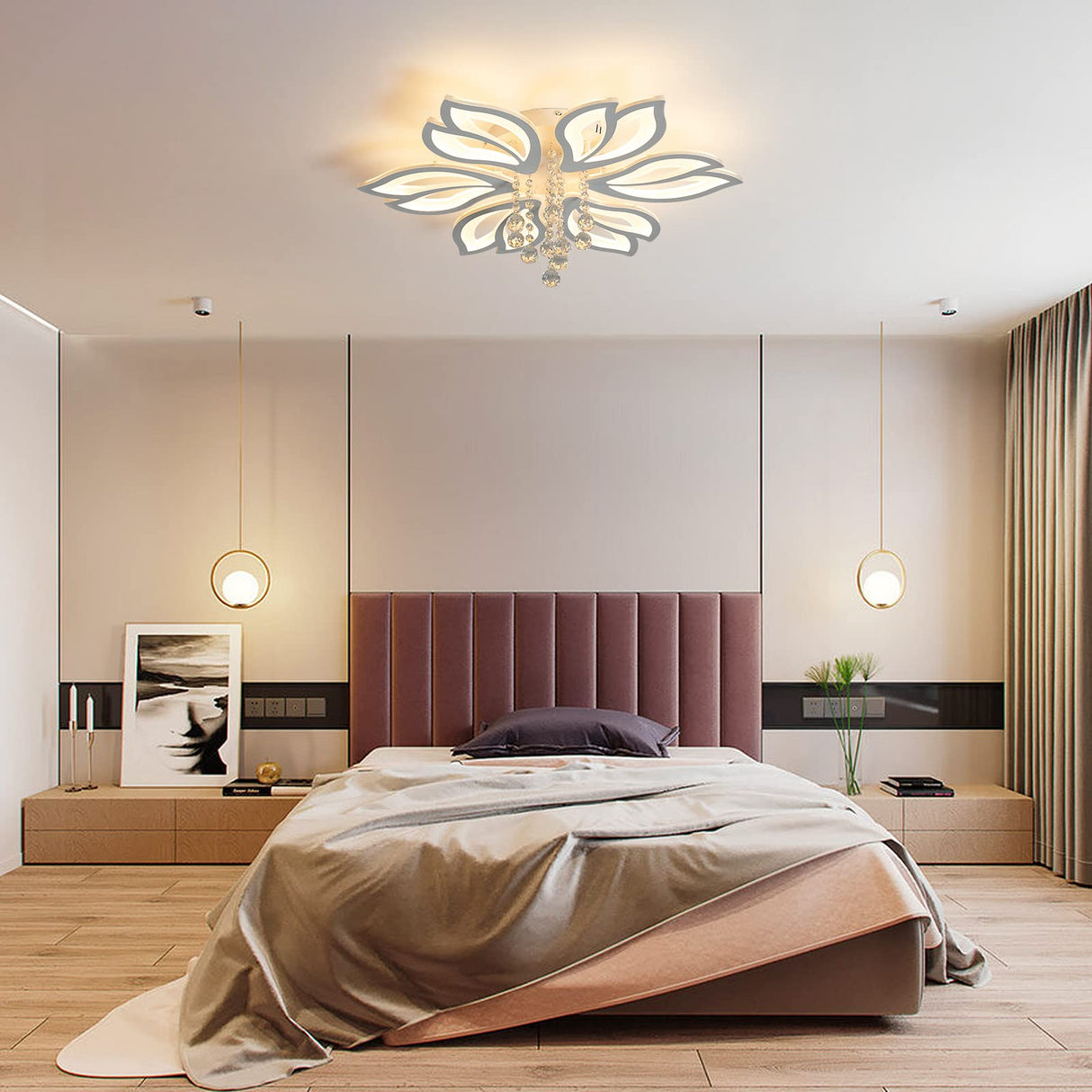 Dimmable Modern Ceiling Light, 56W LED Flower Ceiling Lamp, White Acrylic Flower Light Fixture, 6-Head Flush Mount Chandelier Ceiling with Remote, Ideal for Bedroom Kitchen Dining Room Lighting