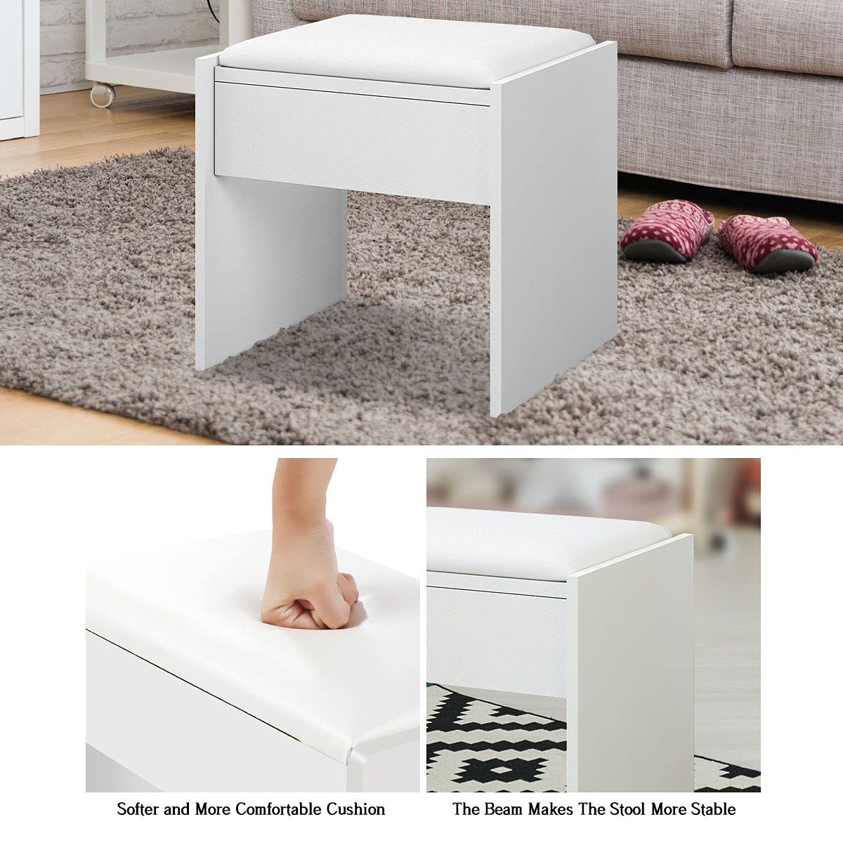 Luxsuite Dressing Table Stool Set with Led Light Makeup Vanity Table 2 Drawers Storage Shelves Mirror White