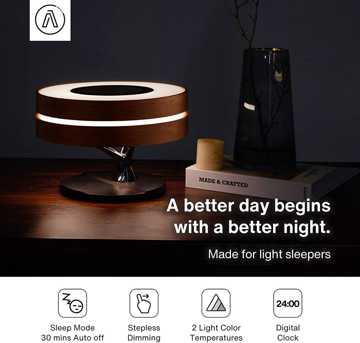 Ampulla Horizon Bedside Lamp with TWS Bluetooth Speaker and 10W Wireless Charger, Table Lamp Desk Lamp with Digital Clock, Stepless Dimming and Sleep Mode for Light Sleeper