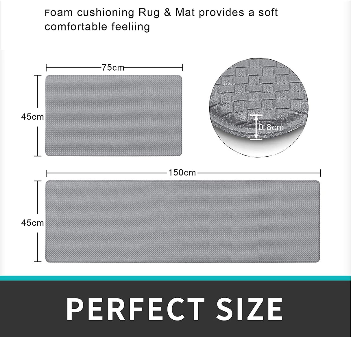 Cushioned Kitchen Floor Mat, Non-Slip Waterproof Standing Kitchen Rugs and Mats for Home (45x75+45x150cm, Black/Grey)