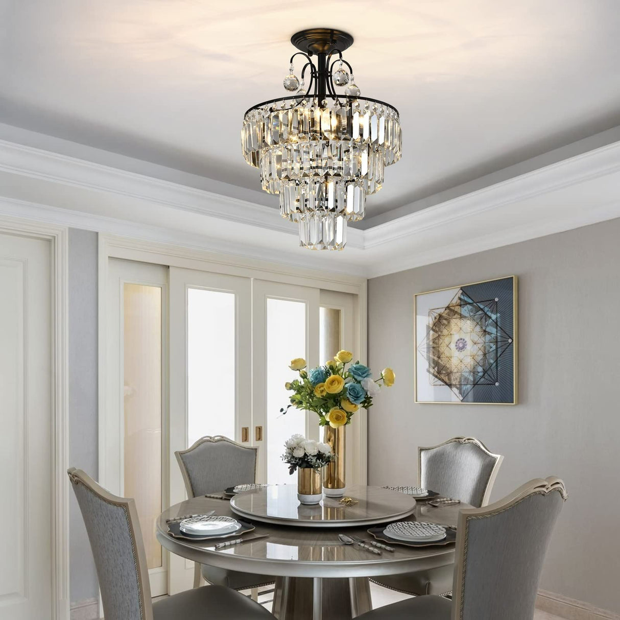 Modern Crystal Chandeliers D40cm H50cm 3 Colors Hanging Pendant Staircase Lighting 4 Bulbs Included Flush Mount Ceiling Chandelier Fixture for Dining Room Living Room Bedroom Entryway Stairwell