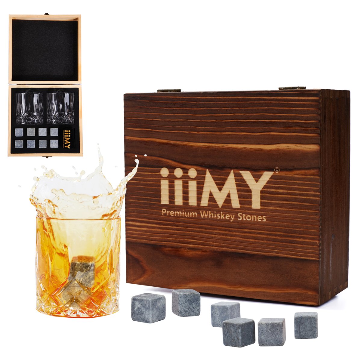 Whisky Stones and Glasses Gift Set, Whisky Rocks Chilling Stones in Handmade Wooden Box– Cool Drinks without Dilution – Whisky Glasses Set of 2, Gift for Dad, Husband, Men – iiiMY