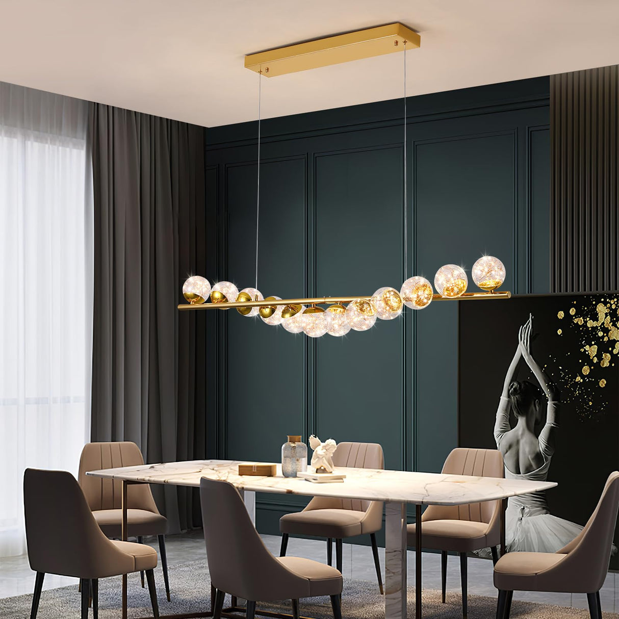 Modern Sputnik Chandelier 12 Lights LED Clear Glass Globe Pendant Light Dimmable LED Chandeliers Ceiling Light Gold Brass Chandeliers for Kitchen Island Dining Room Living Room
