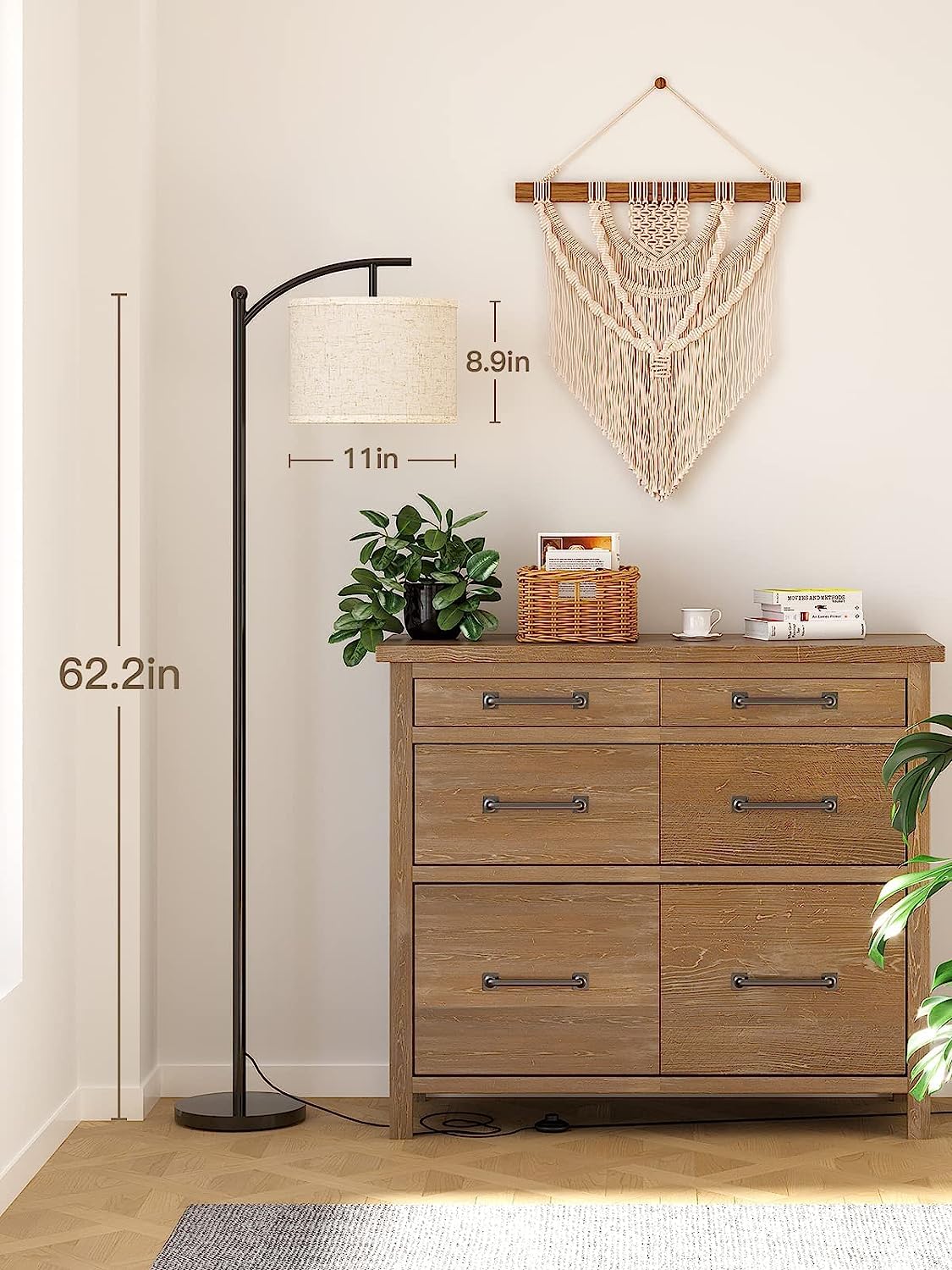 LED Floor Lamp, Montage Arc Floor Lamp with Big Linen Lampshade, Classic Tall Standing Lamp Reading Light with 3 Color Temps 9W LED Bulb, Floor Lamps for Living Room Bedroom (Black)