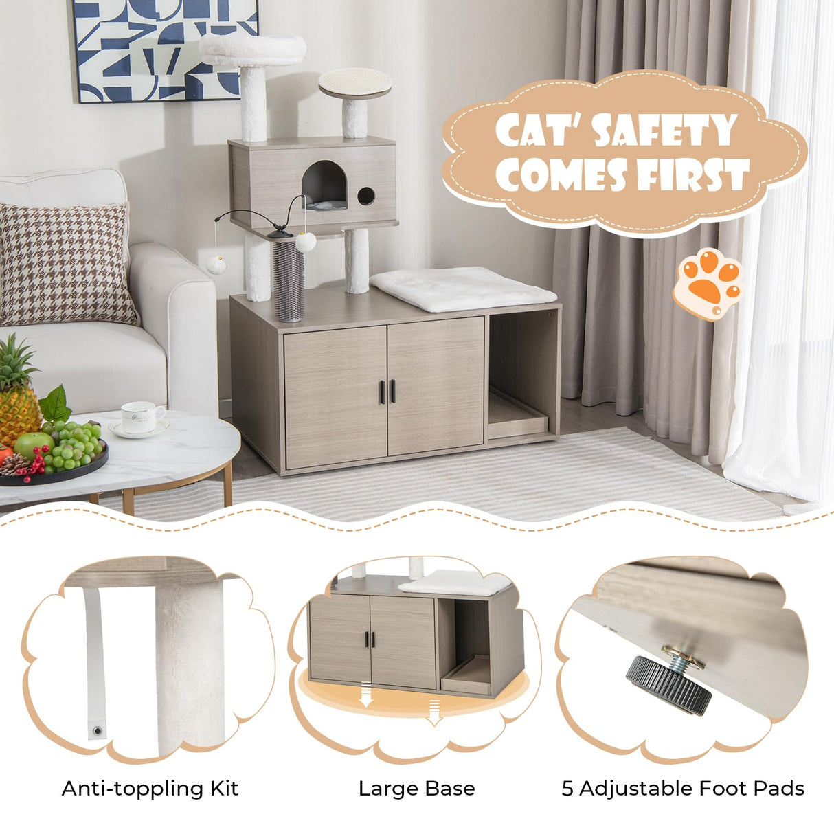 2 in 1 Cat Tree with Litter Box Enclosure, Modern Cat Tower with Cat Condo, Top Perch, Scratching Board, Multiple Platforms, Dangling Balls, Cat Litter Box Furniture for Indoor Cars