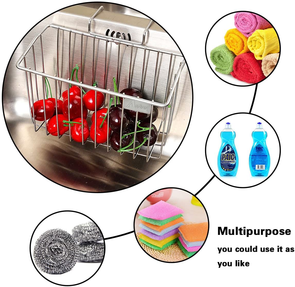 Sponge Holder, Sink Caddy Kitchen Brush Soap Dishwashing Liquid Drainer Rack - Stainless Steel