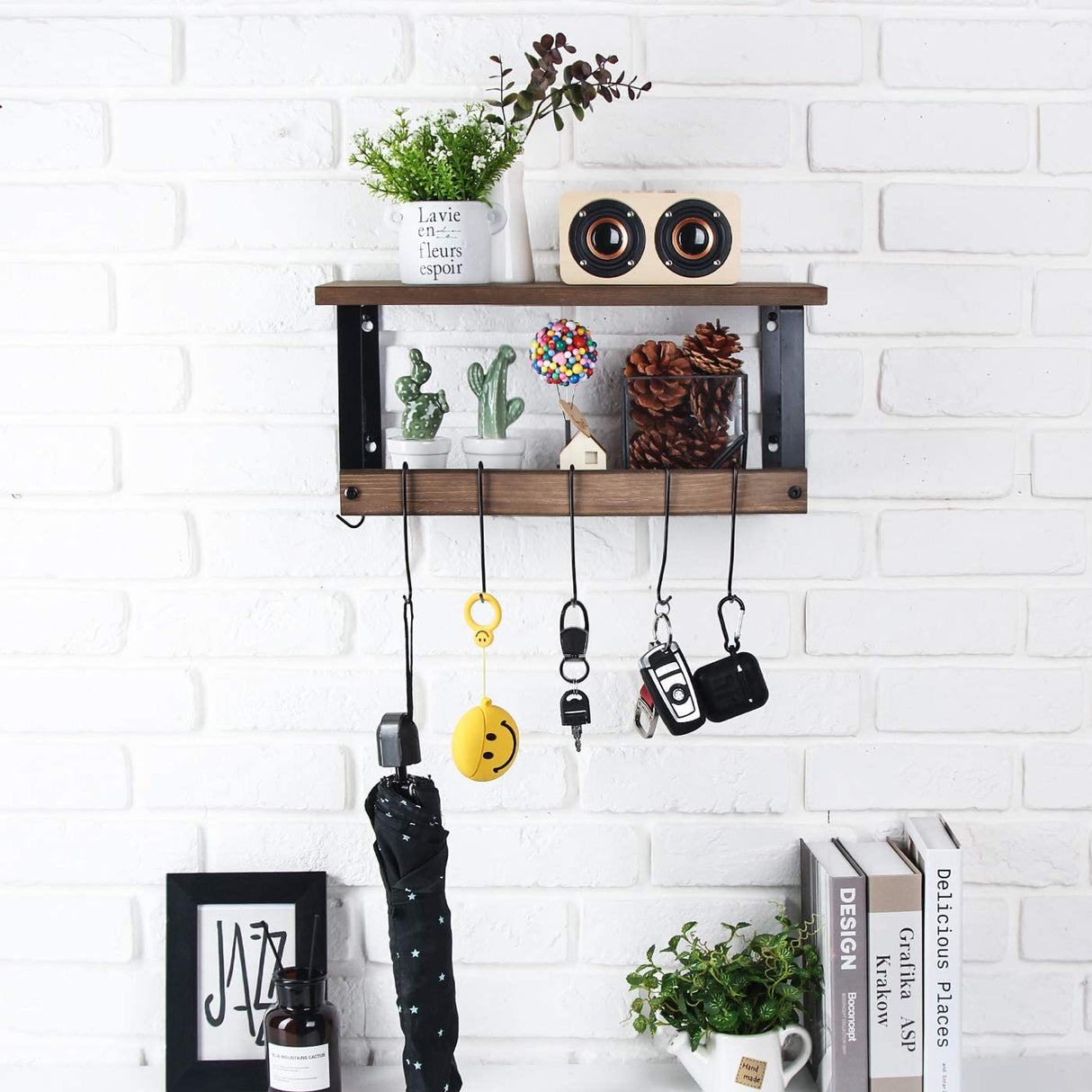 Rustic Torched Wood Kitchen Storage Shelf Wall Mount Organizer Stand with 8 Hanging Removable Hooks and 2 Shelves