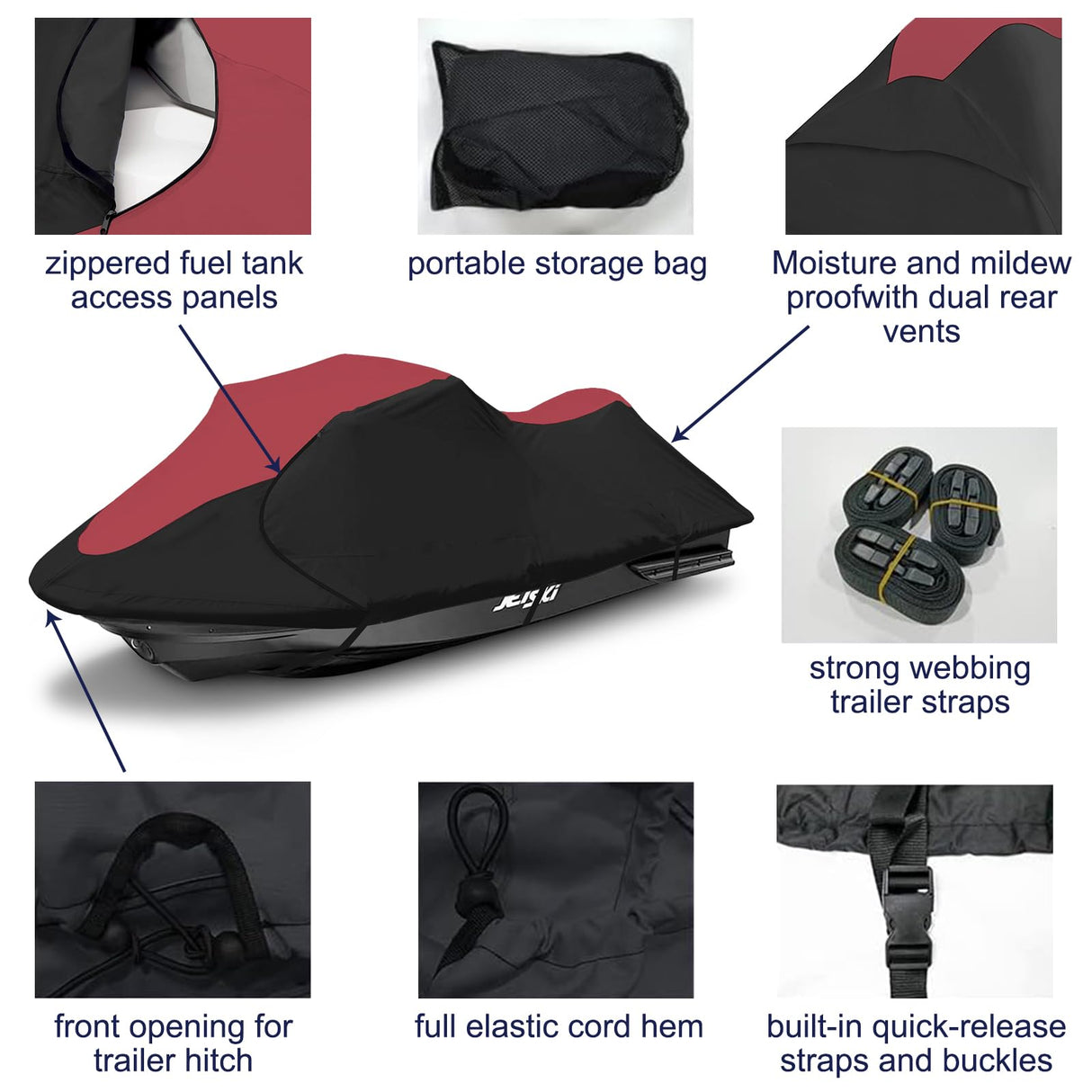 600D Jet Ski Cover - Trailerable Seadoo Cover, Waterproof Jetski Cover, PWC Cover Fits Seadoo, Yamaha, Kawasaki, Jet Ski Watercraft Cover Fits from 116"-125" (2 Seater), Red & Black