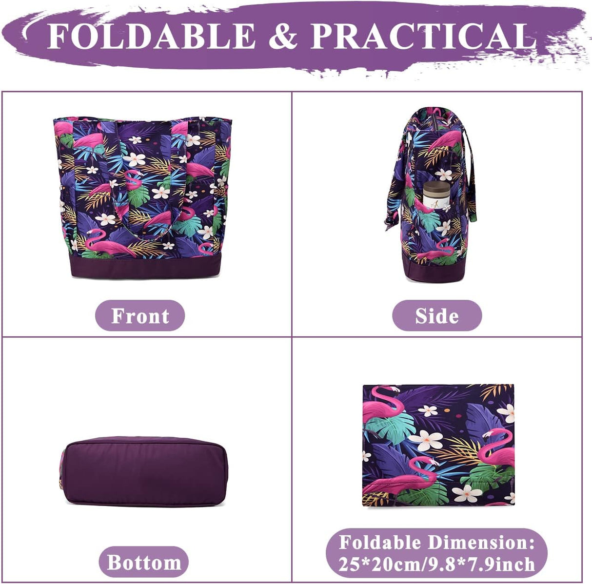 Beach Bag for Women,VASCHY Lightweight Large Water Resistant Sandproof Fold-able Packable Pool Tote Bag w Zipper/Pockets for Vacation