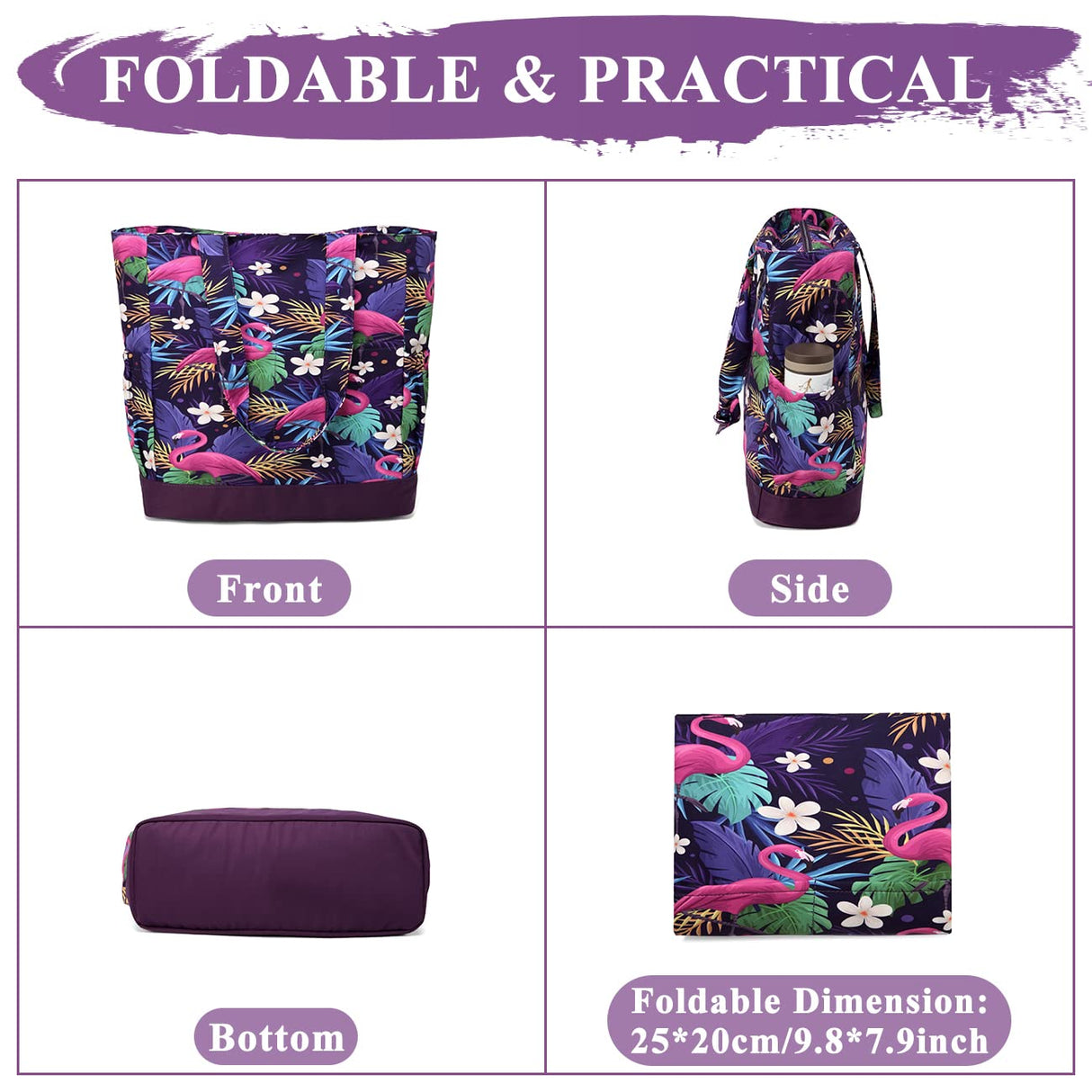 Beach Bag for Women,VASCHY Lightweight Large Water Resistant Sandproof Fold-able Packable Pool Tote Bag w Zipper/Pockets for Vacation