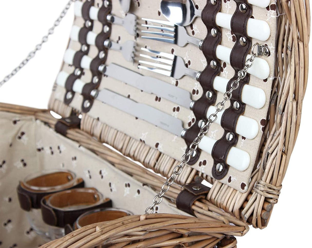 Willow Picnic Basket Set for 4 Persons, Natural Wicker Picnic Hamper with Tableware Set, Best Choice for Christmas, Thanksgiving, Birthday or Wedding