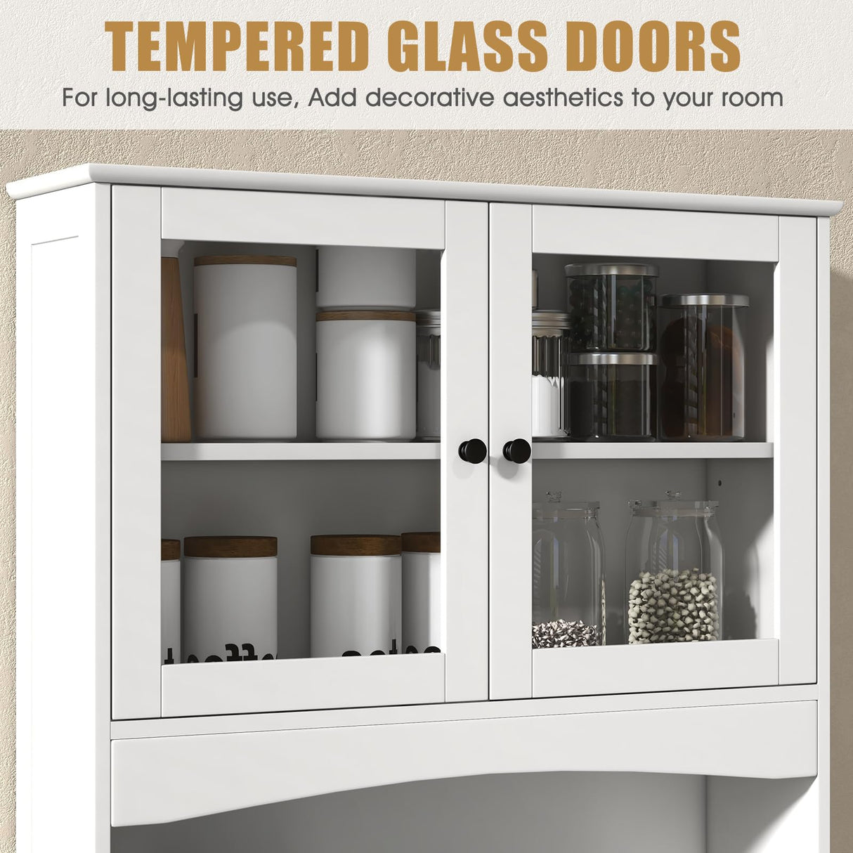 Tall Storage Cabinet, Freestanding Kitchen Pantry w/Microwave Stand & 2 Drawers, Adjustable Shelves, Tempered Glass Doors, Cable Hole for Living Room, Dining Room (White)