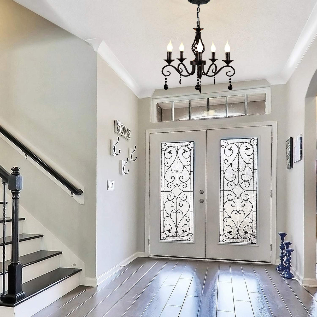 French Country Chandeliers, 5 Lights Black Crystal Candle Chandelier, Industrial Vintage Pendant Light Fixture Hanging Light for Island Kitchen Dining Room Farmhouse