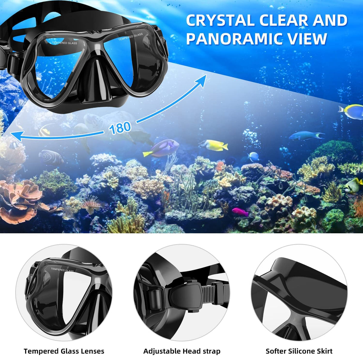 Snorkel Mask Snorkel Set Snorkeling Goggles Free Breath Dry Top Set Snorkeling Gear Anti-Fog and Anti-Leak 180 Degree Panoramic View Swimming Goggles Waterproof Durable Tempered Glass Mask for Adults