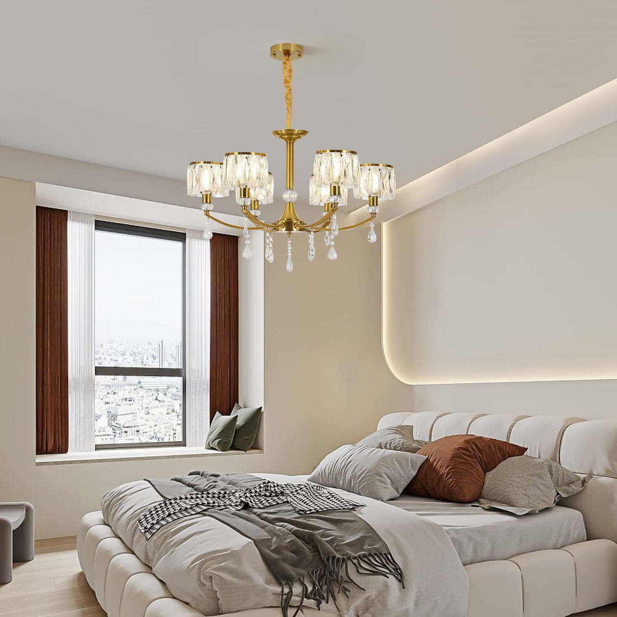 Ganeed Gold Chandelier,6 Lights Wagon Wheel Chandeliers with Clear Crystal Shades,Modern Mid Century Hanging Pendant Light Fixture for Dining Room Living Room Bedroom(E14 Base)