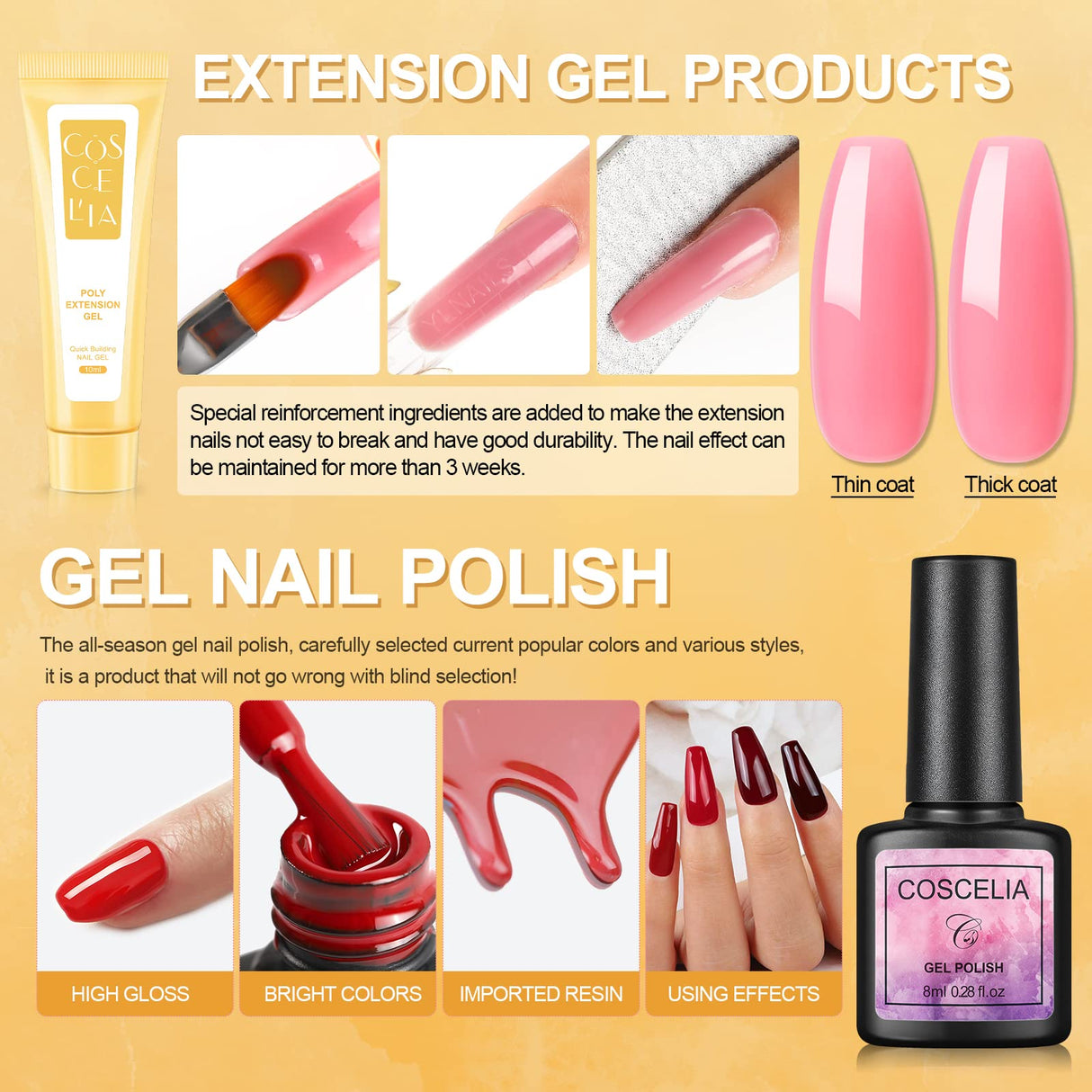 Gel Nail Starter Kit for Beginner,6 Pcs Gel Nail Polishes 3 Colors Poly Extension Gel 16 W Mini Nail Lamp for Nail Builder and Base Coat Top Coat Gel Nail Polish Manicure Tools Starter Kit Complete