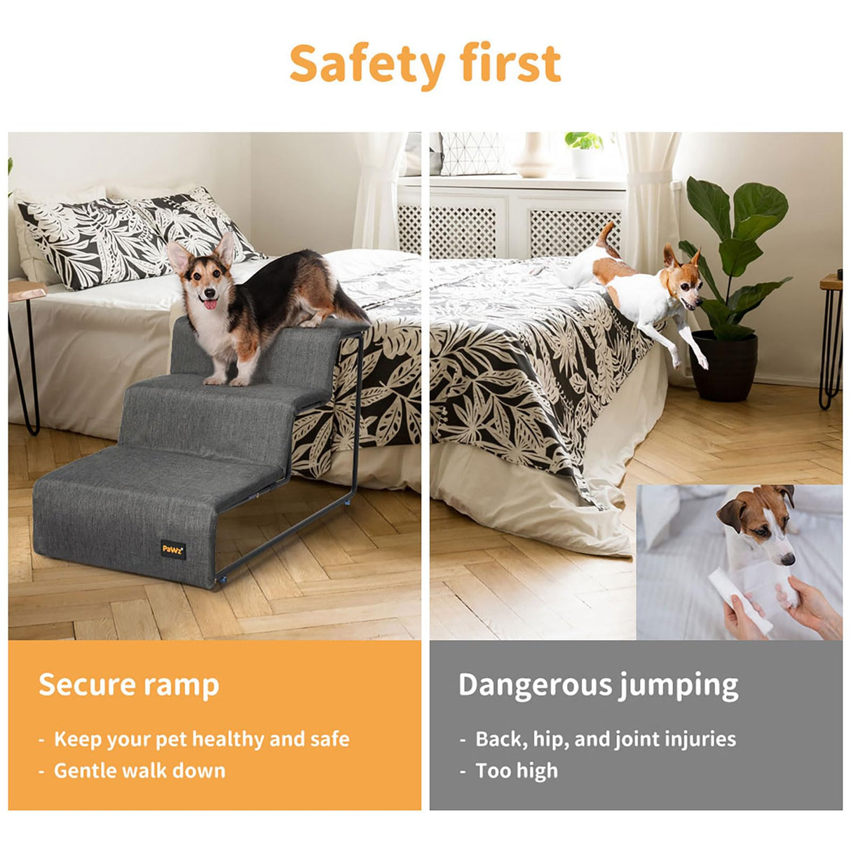Pet Ramp 3 Steps, Portable Dog Step Stair for High Bed, Couch, Sofa, Pet Stairs Metal Frame with Removable Cover Washable, Indoor Outdoor Pet Car Ramp for Dogs & Cats Grey,
