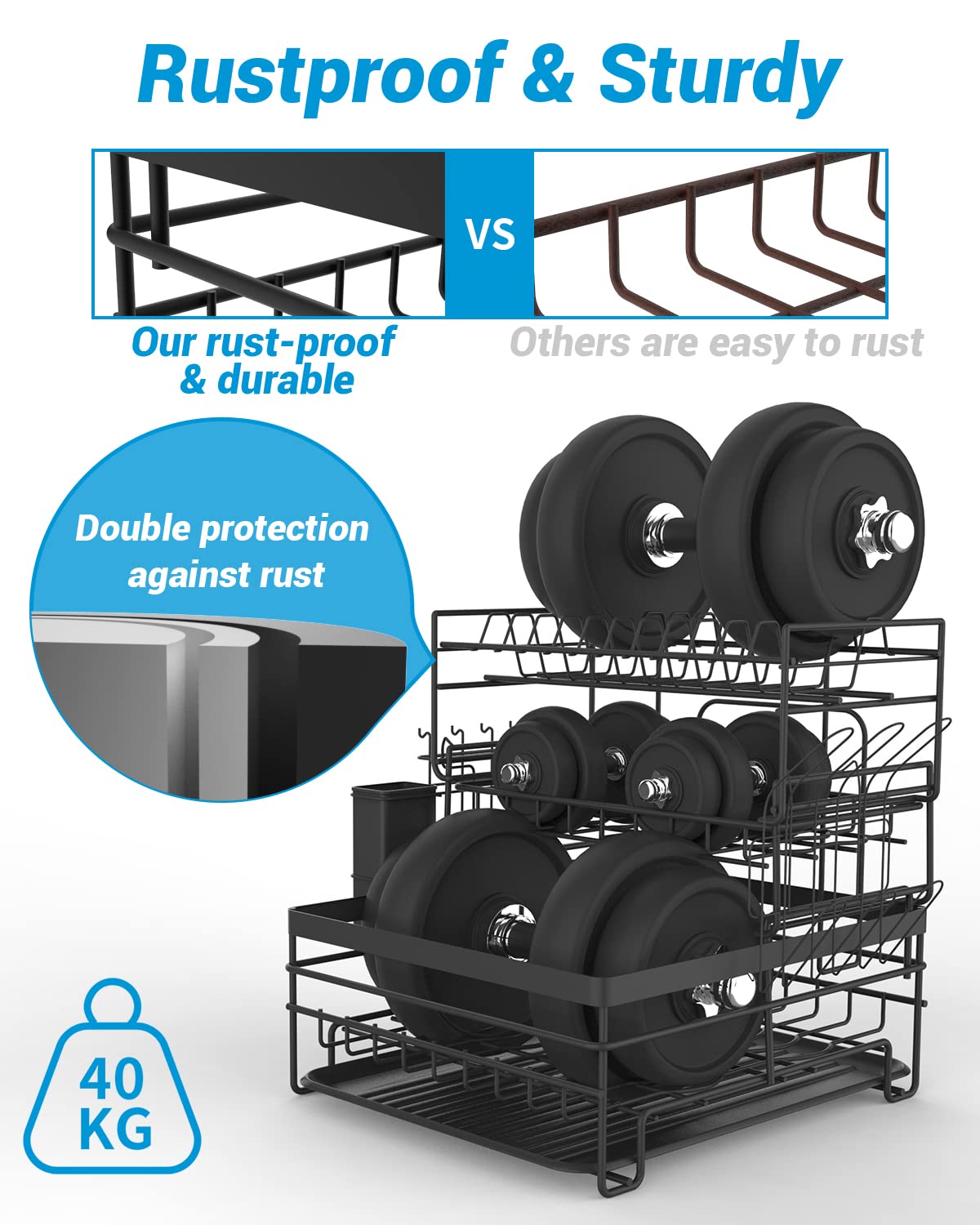 Dish Drainer Rack 3 Tier,Large Capacity Drain Board Rack with Drip Tray, Detachable Stainless Steel Dish Drying Rack for Kitchen Countertop or Sink