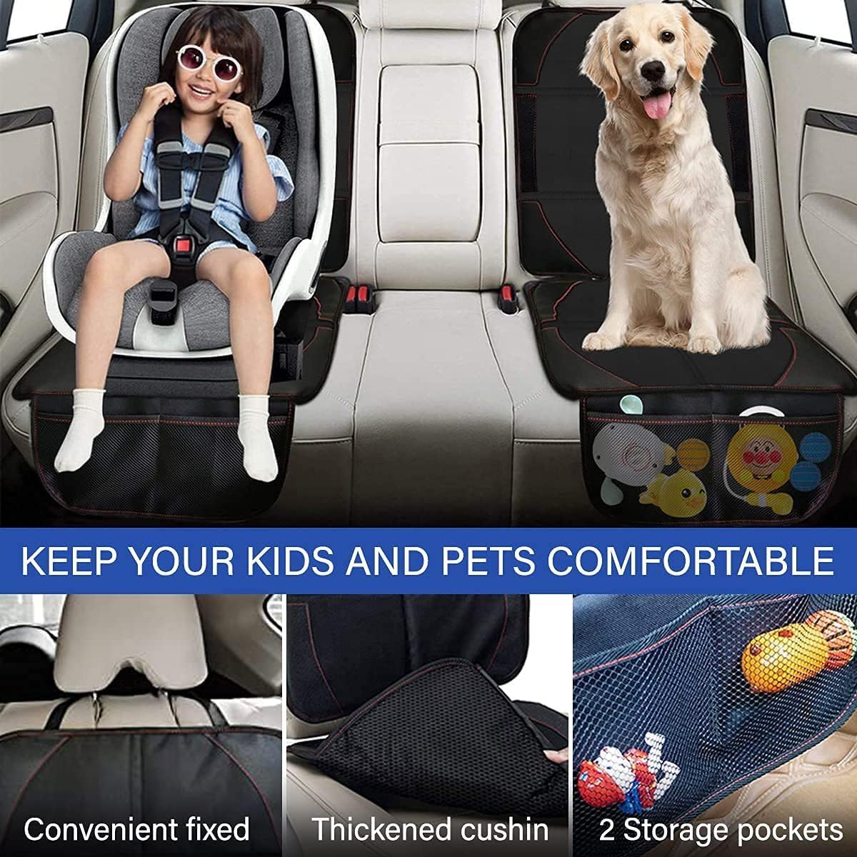 2 Pack Car Seat Protector, Seat Protector for Child Seats, Waterproof Non-Slip Carseat Seat Protector with Storage Pockets, for Baby and Pet, Black