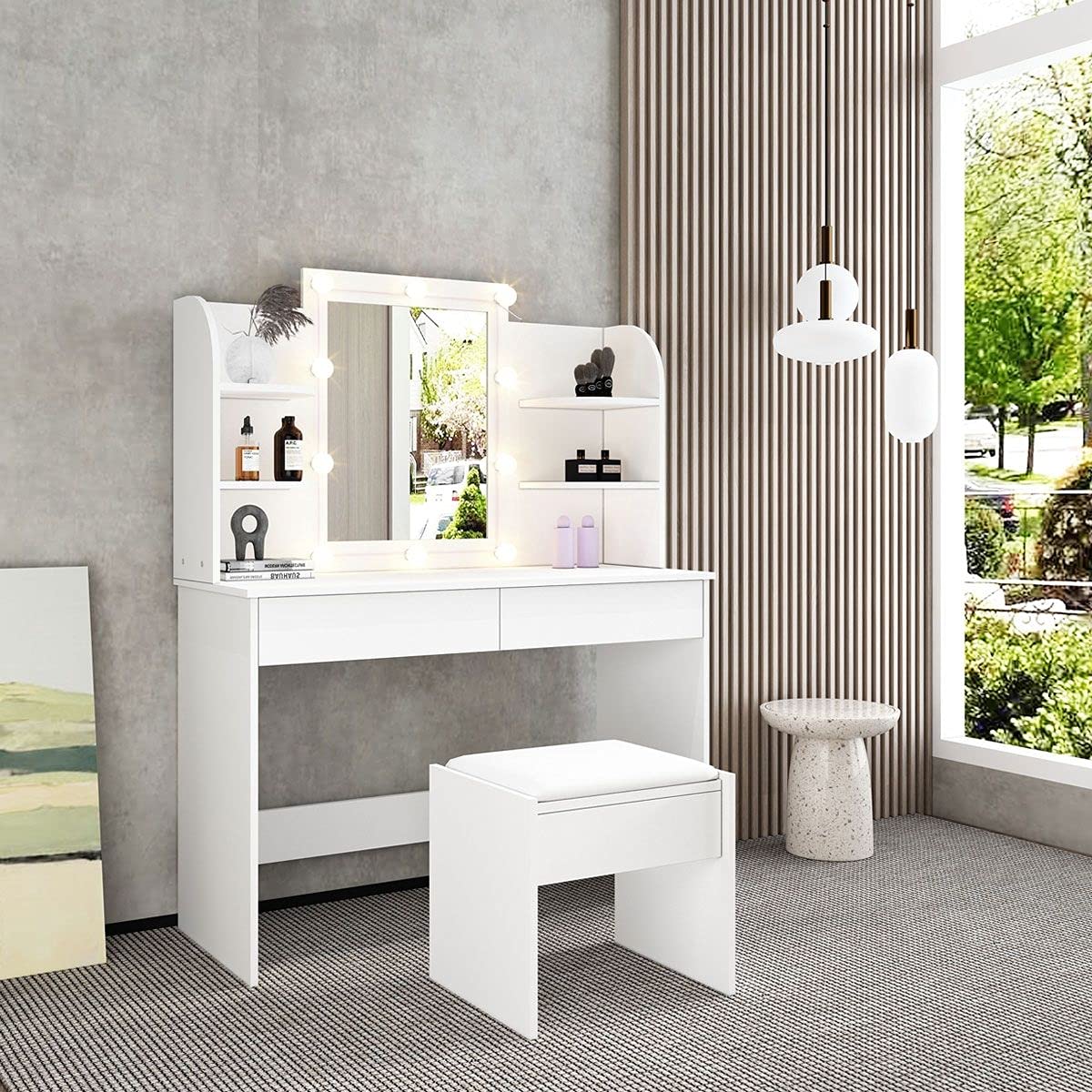 Luxsuite Dressing Table Stool Set with Led Light Makeup Vanity Table 2 Drawers Storage Shelves Mirror White