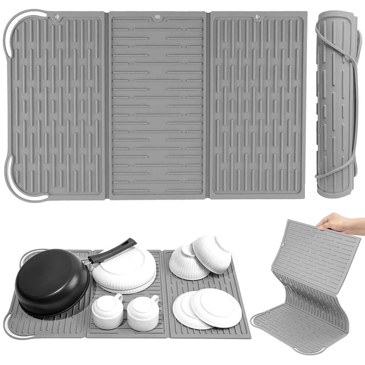 Silicone Mat Dish Drying Mat Silicon Draining Mat Folding Dish Drying Mat Tri-fold Drying Mat Grey Anti-Skidding for Kitchen 24”x13”