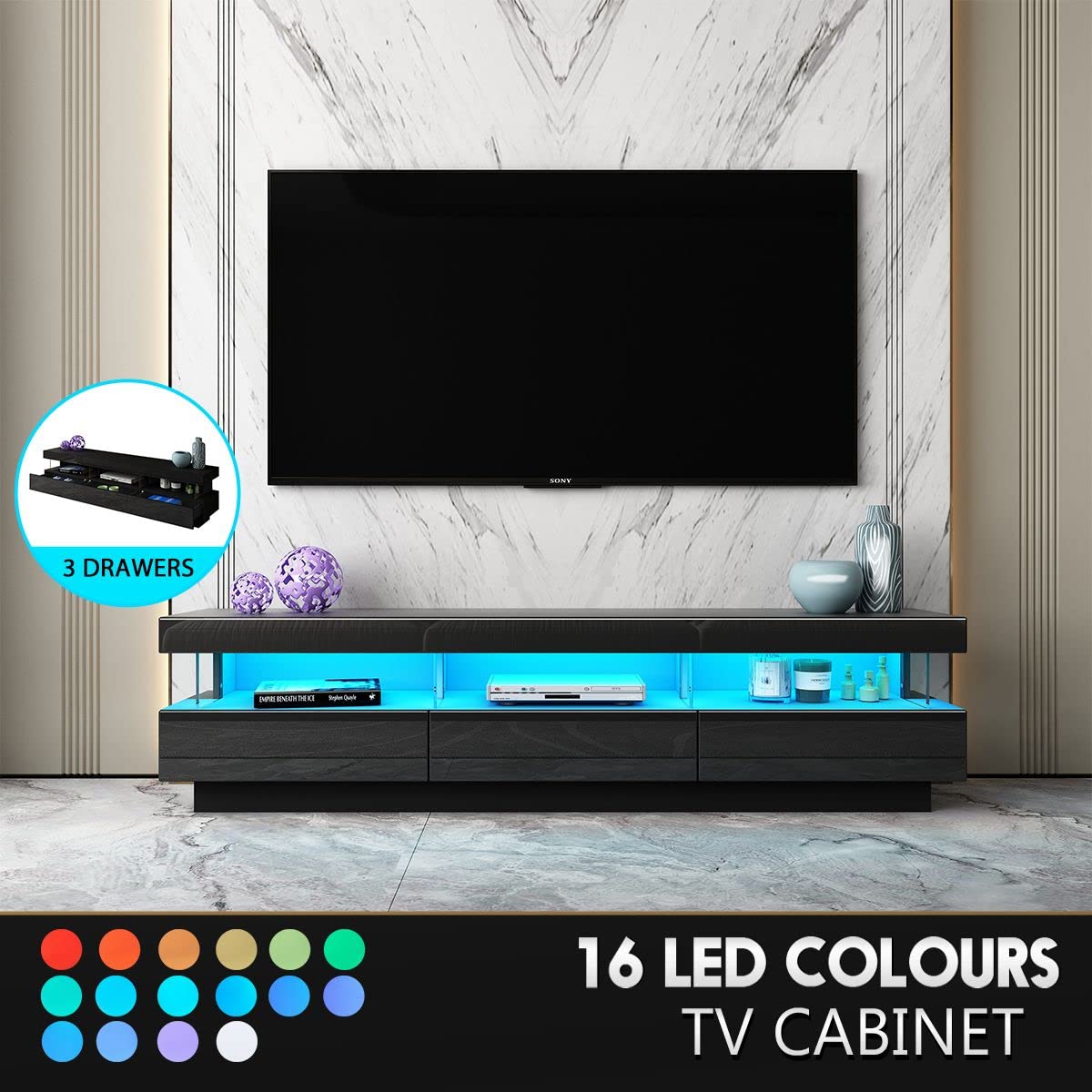 Luxsuite LED TV Stand Cabinet TV Unit Storage Entertainment Console High Gloss Front 3 Drawer