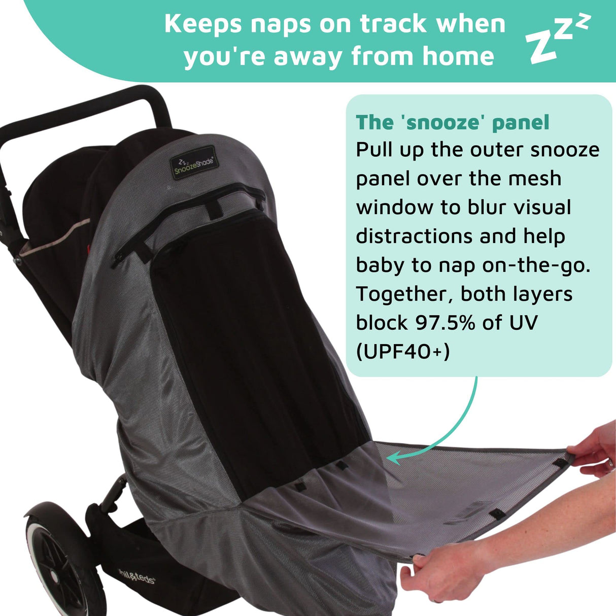 Universal Baby Pram & Stroller Sunshade (6m+) | UV Cover & Mosquito Net for Baby Strollers | Blocks up to 97.5% UV (UPF40+) | Portable Blackout Blind to Help Baby Sleep | SnoozeShade Plus Deluxe