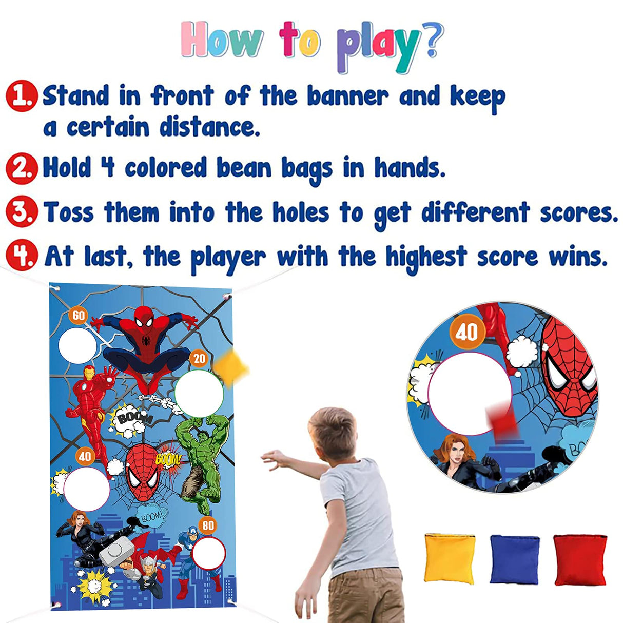 Superhero Bean Bag Toss Game-Throwing Game Banner with 3 Bean Bags-Superhero Party Supplies