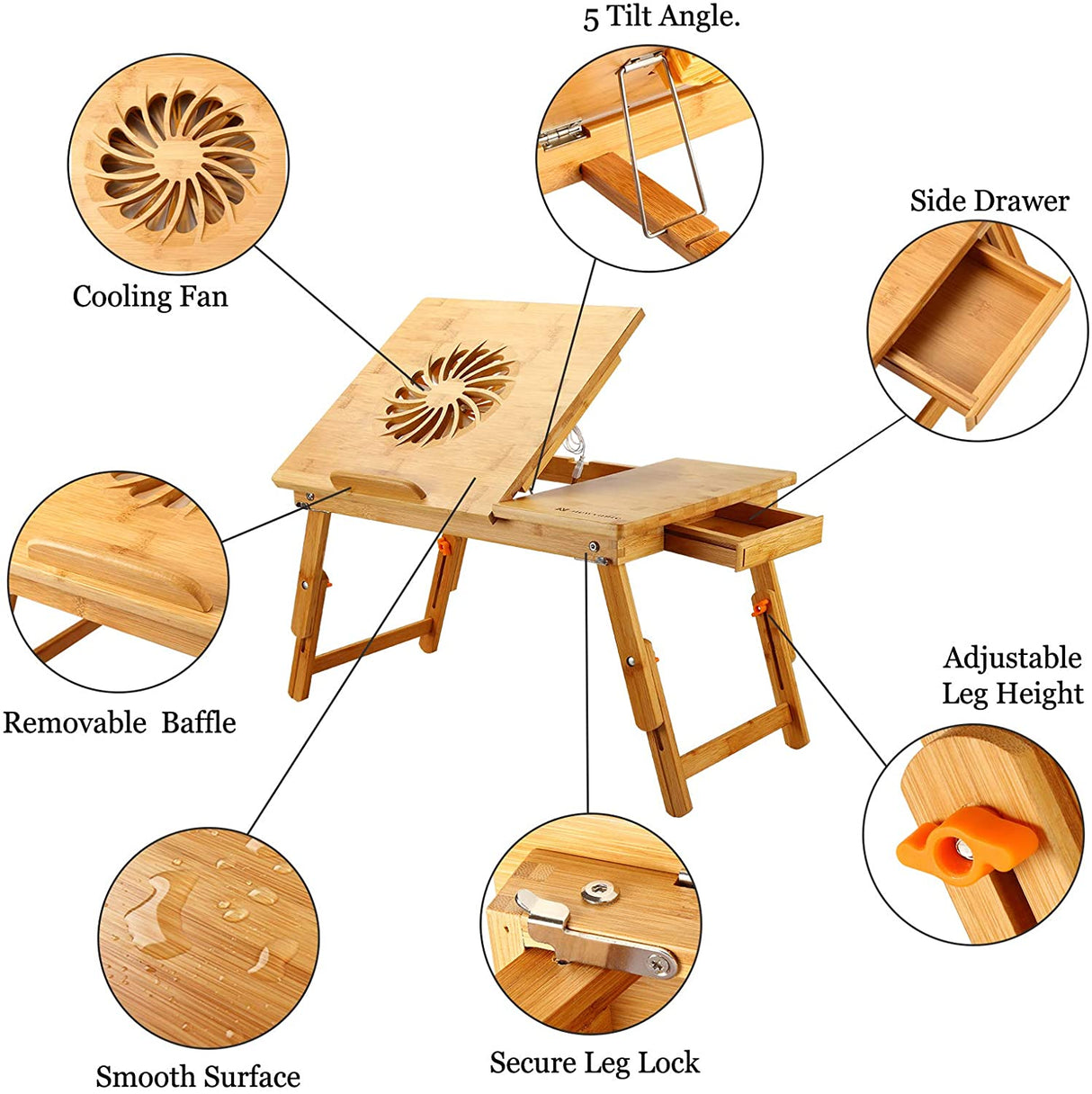 Laptop Desk Adjustable Laptop Desk Table 100% Bamboo with USB Fan Foldable Breakfast Serving Bed Tray w' Drawer