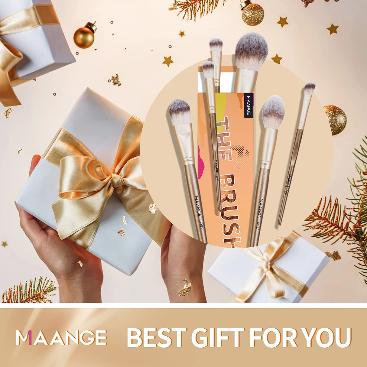 Makeup Brushes ,MAANGE 18 Pcs Professional Makeup Brushes Set Premium Synthetic Foundation Face Powder Blush Eye Shadows Travel Make Up Brushes with Christmas Gift Box(Champagne Gold)