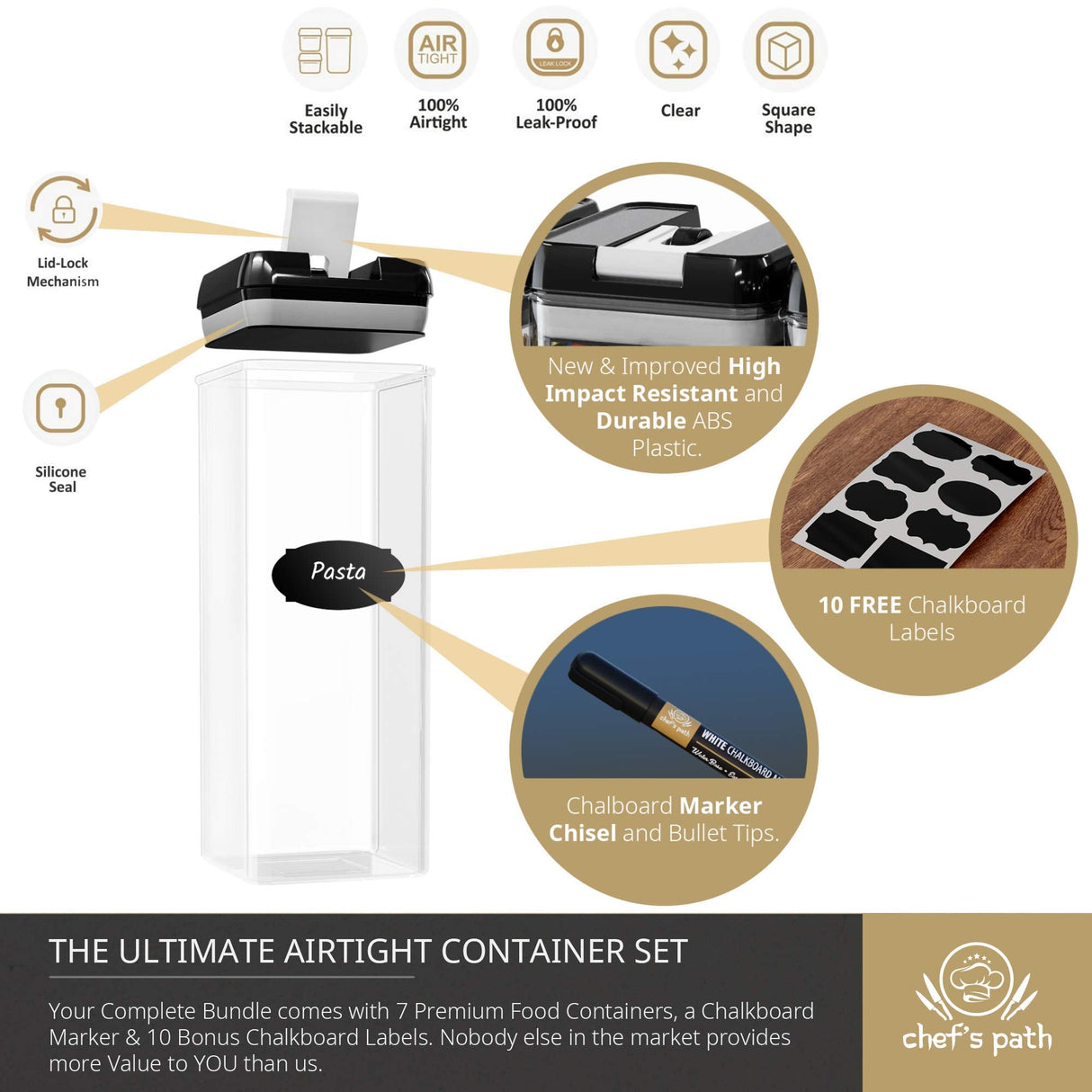 Airtight Food Storage Container Set - 7 PC Set - Chalkboard Labels & Marker - Kitchen & Pantry Containers - BPA-Free - Clear Plastic Canisters with Improved Durable Lids