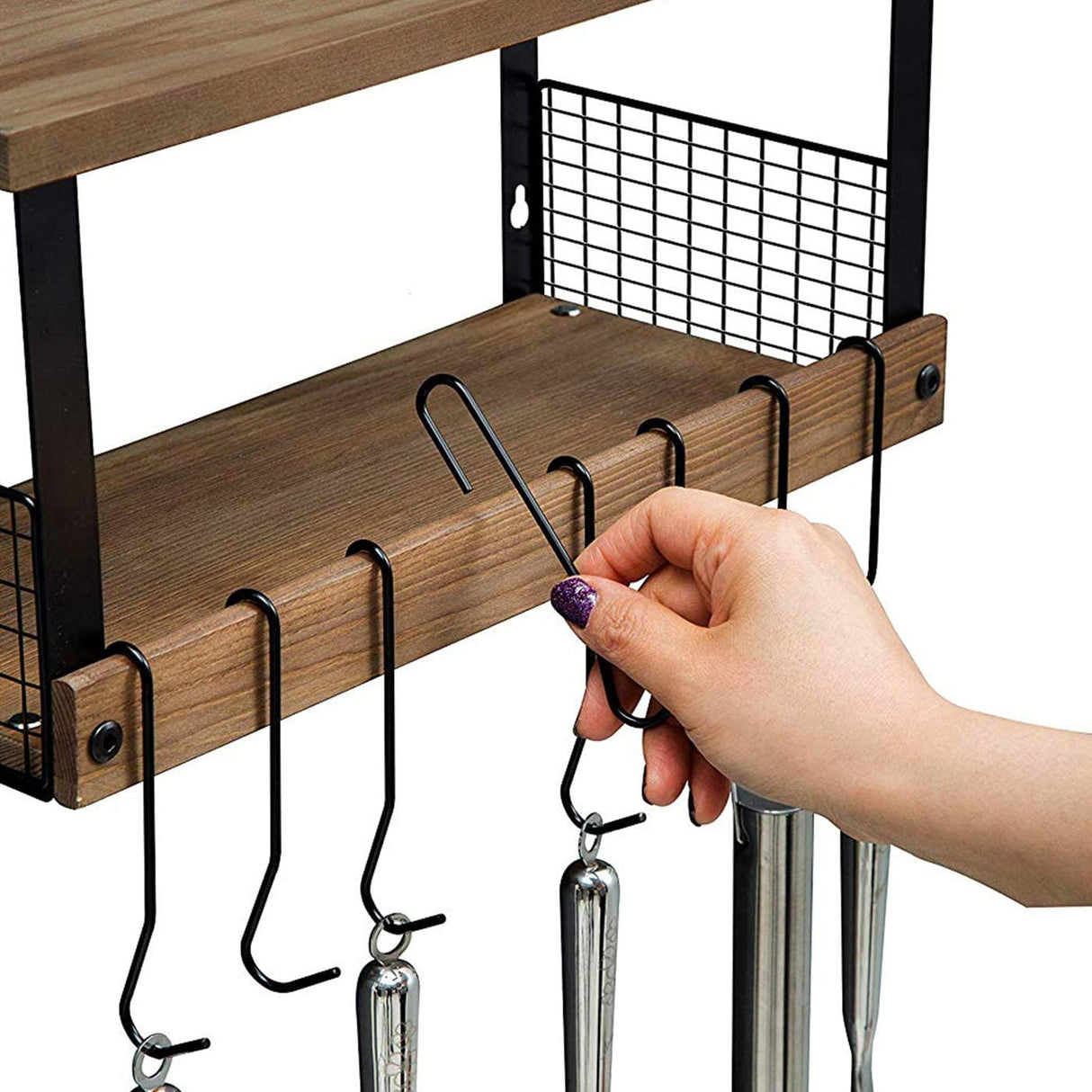 Rustic Torched Wood Kitchen Storage Shelf Wall Mount Organizer Stand with 8 Hanging Removable Hooks and 2 Shelves