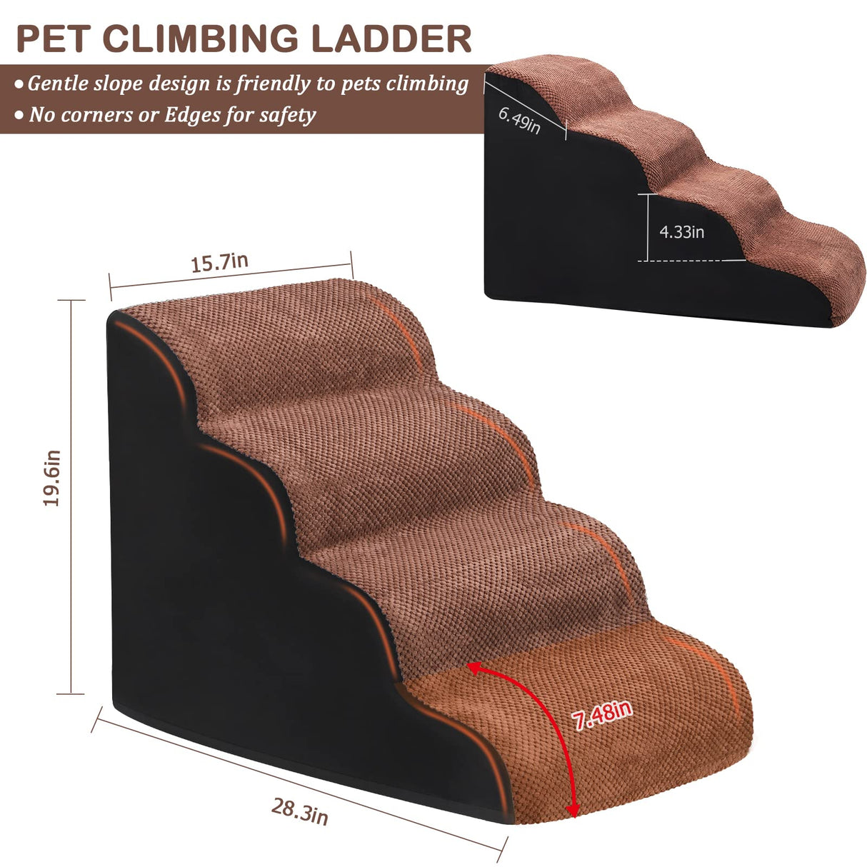 4 Tiers Extra Wide Dog Steps, Pet Stairs-High Density Foam Dog Ladder Ramp for Bed or Couch,Non-Slip Dog Stairs for Short Leg Dogs,Older/Injured Pets,with Lint Roller 2 Refills Brown/Black