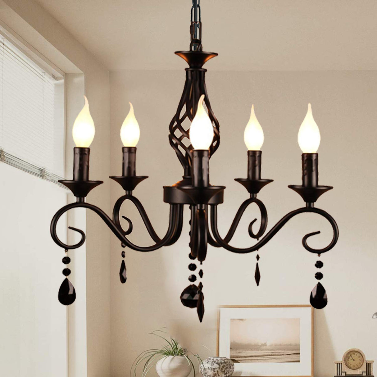 French Country Chandeliers, 5 Lights Black Crystal Candle Chandelier, Industrial Vintage Pendant Light Fixture Hanging Light for Island Kitchen Dining Room Farmhouse