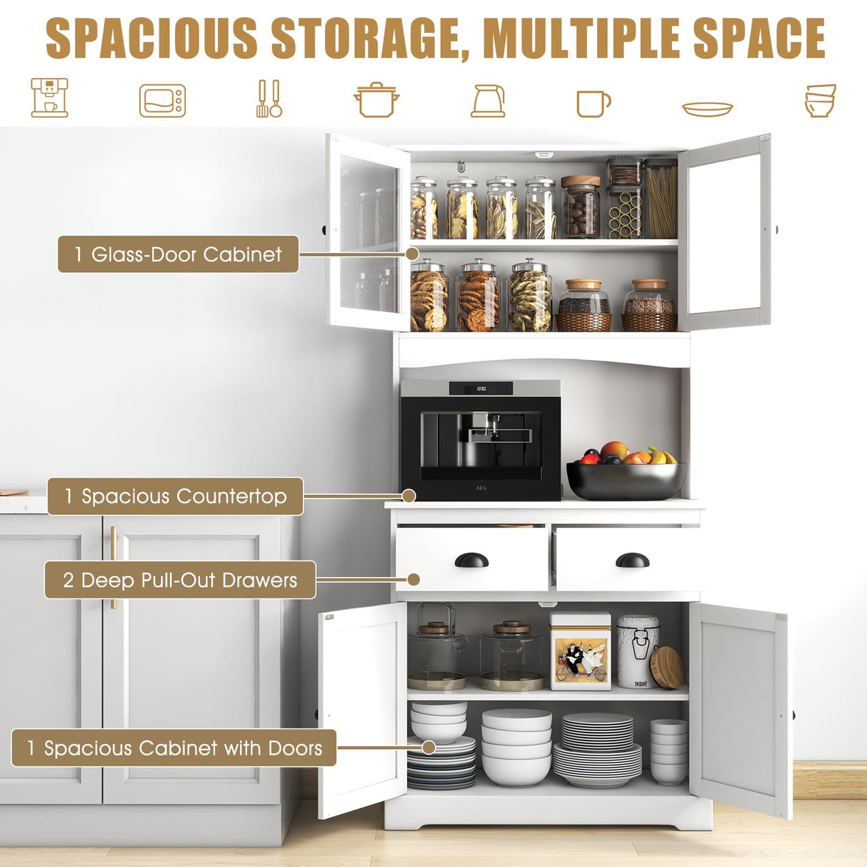 Tall Storage Cabinet, Freestanding Kitchen Pantry w/Microwave Stand & 2 Drawers, Adjustable Shelves, Tempered Glass Doors, Cable Hole for Living Room, Dining Room (White)