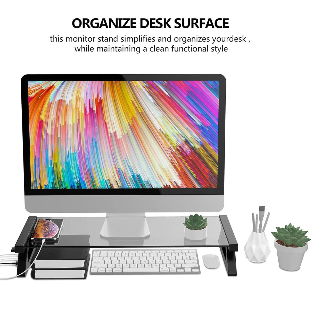 Glass Monitor Stand Riser with USB Port High-Speed Transfer Data Charge, for iMac,Screen,Computer,PC, Desk Organizers and Accessories,Desk Organizer Keyboard