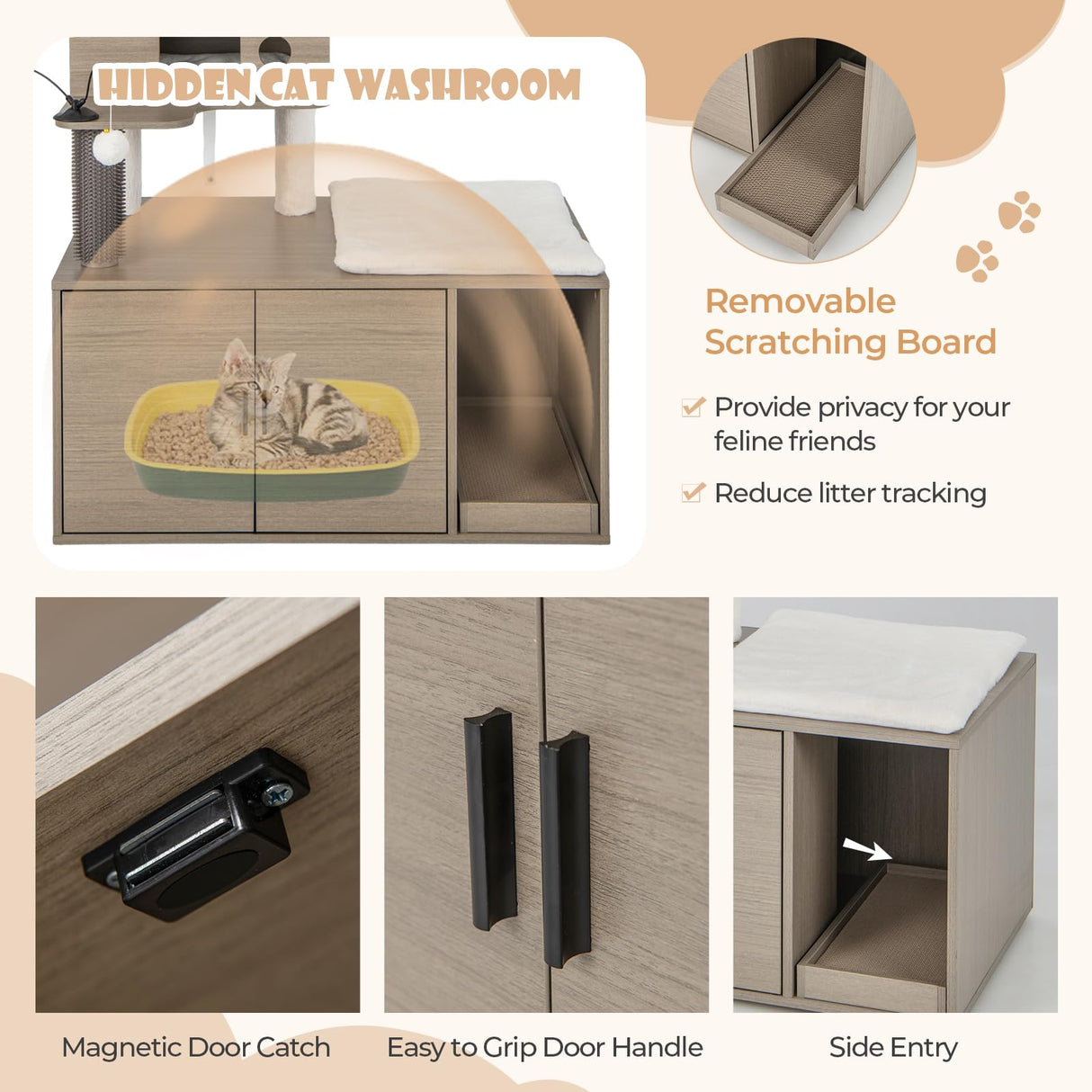 2 in 1 Cat Tree with Litter Box Enclosure, Modern Cat Tower with Cat Condo, Top Perch, Scratching Board, Multiple Platforms, Dangling Balls, Cat Litter Box Furniture for Indoor Cars