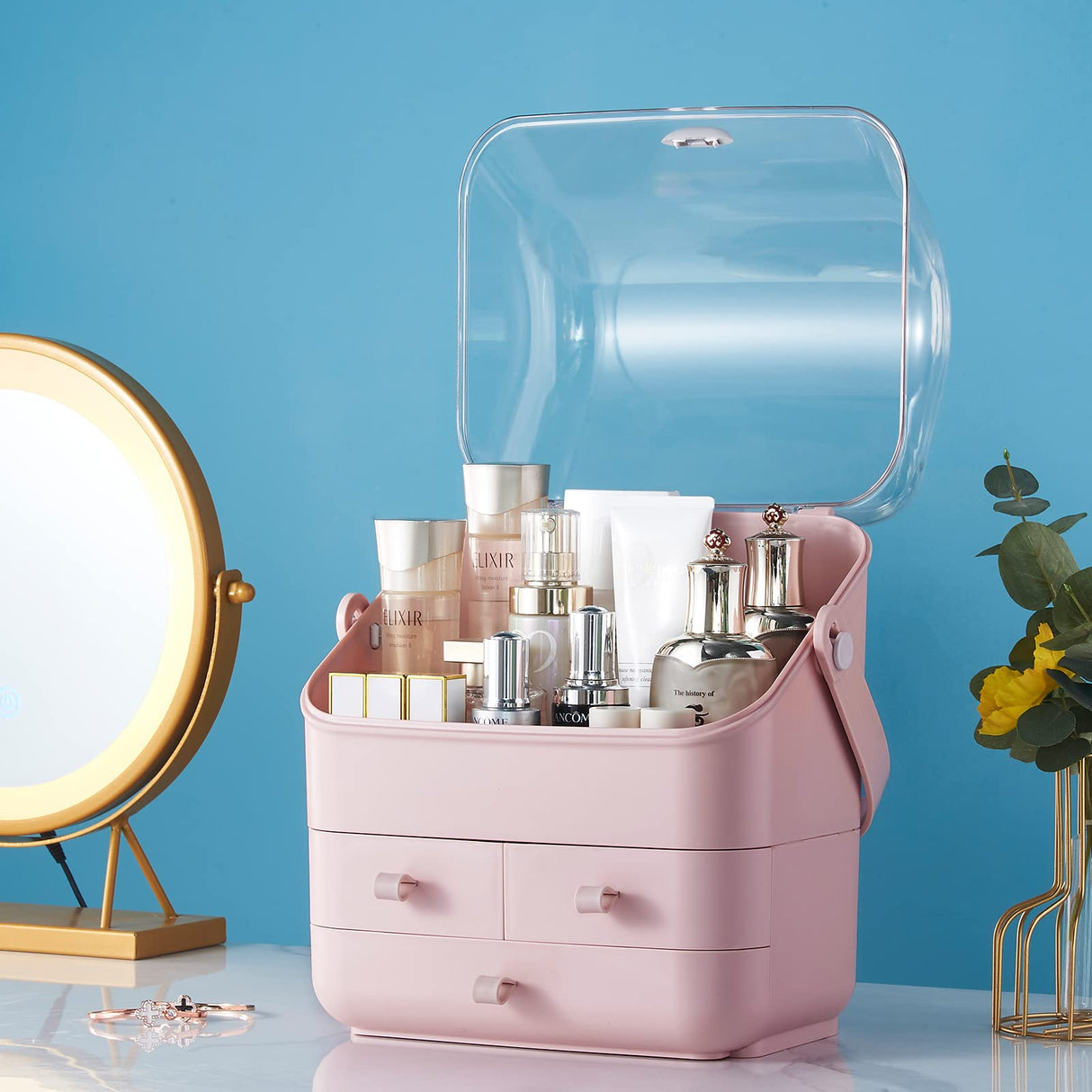 Pink Makeup Organizer Holder Cosmetic Storage Box with Dust Free Cover Portable Handle,Fully Open Waterproof Lid, Dust Proof Drawers,Great for Bathroom Countertop Bedroom Dresser