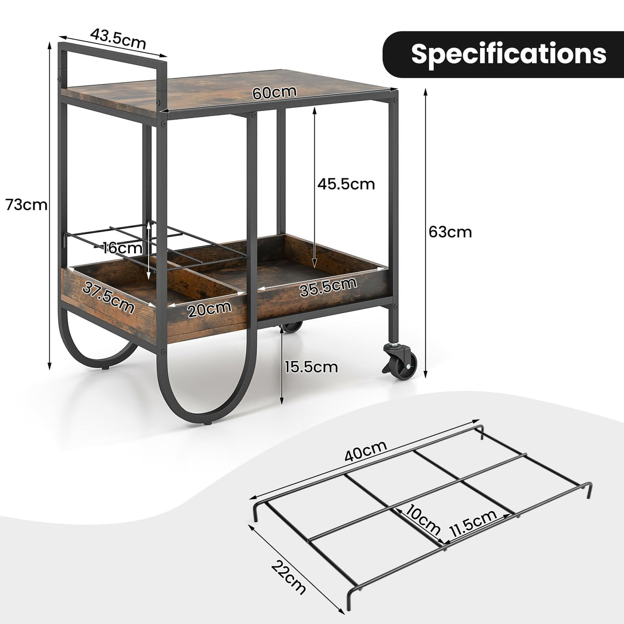 Bar Cart, Liquor Beverage Serving Cart with 6-Bottle Removable Metal Wire Wine Rack, Modern Kitchen Cocktail Cart with Wheels, 2 Tier Kitchen Rolling Bar Carts for Living Room, Rustic Brown