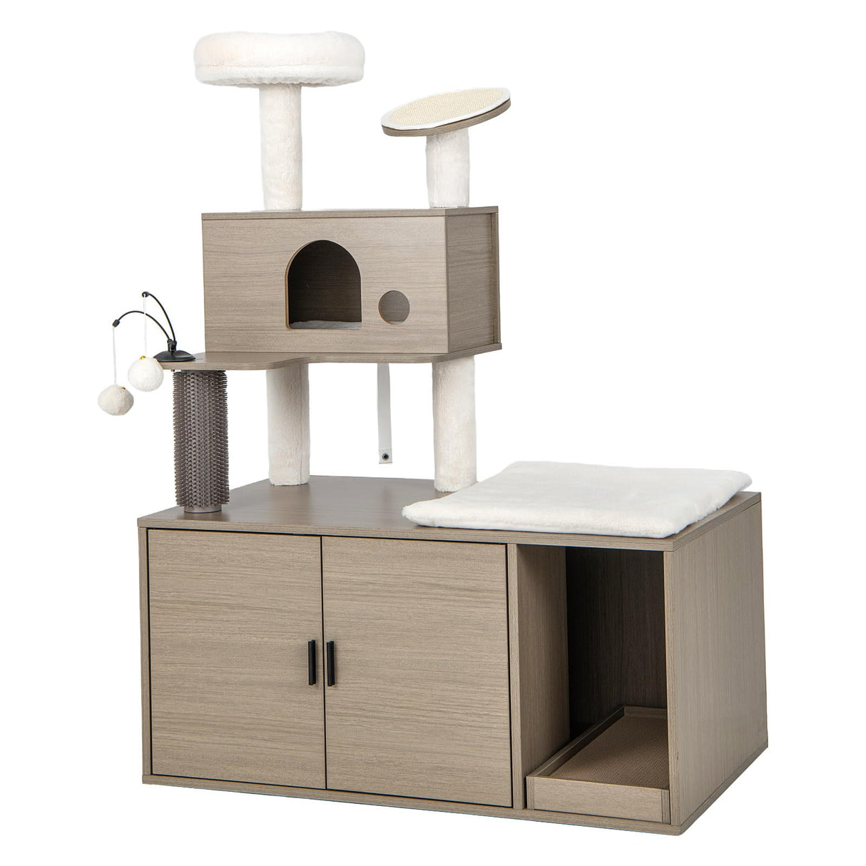 2 in 1 Cat Tree with Litter Box Enclosure, Modern Cat Tower with Cat Condo, Top Perch, Scratching Board, Multiple Platforms, Dangling Balls, Cat Litter Box Furniture for Indoor Cars