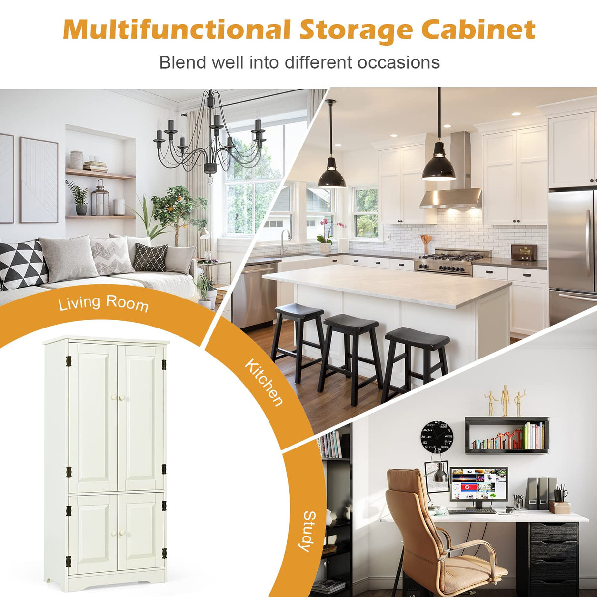 Freestanding Storage Cabinet, Antique Low Floor Cabinet, Pantry Cabinet Wooden Cupboard Organizer w/Adjustable Shelf & Anti-Tilt Design, for Living Room Bedroom Bathroom