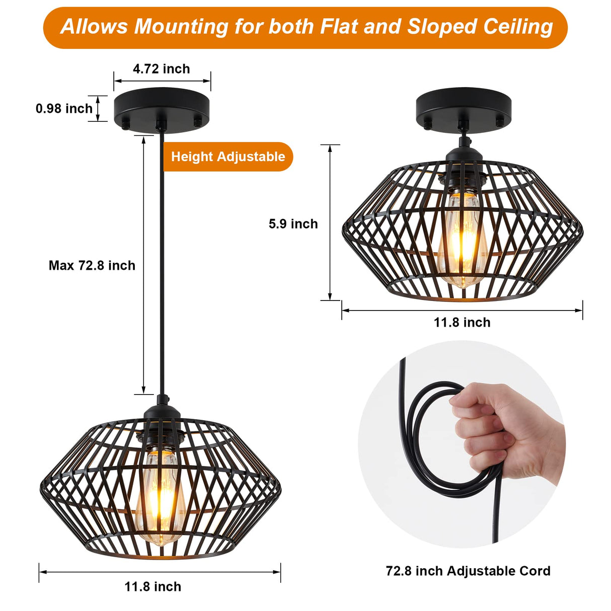 Modern Black Pendant Light, Industrial Pendant Light Fixture, Adjustable Metal Hanging Pendant Lights, Farmhouse Pendant Lighting for Kitchen Island, Hallway