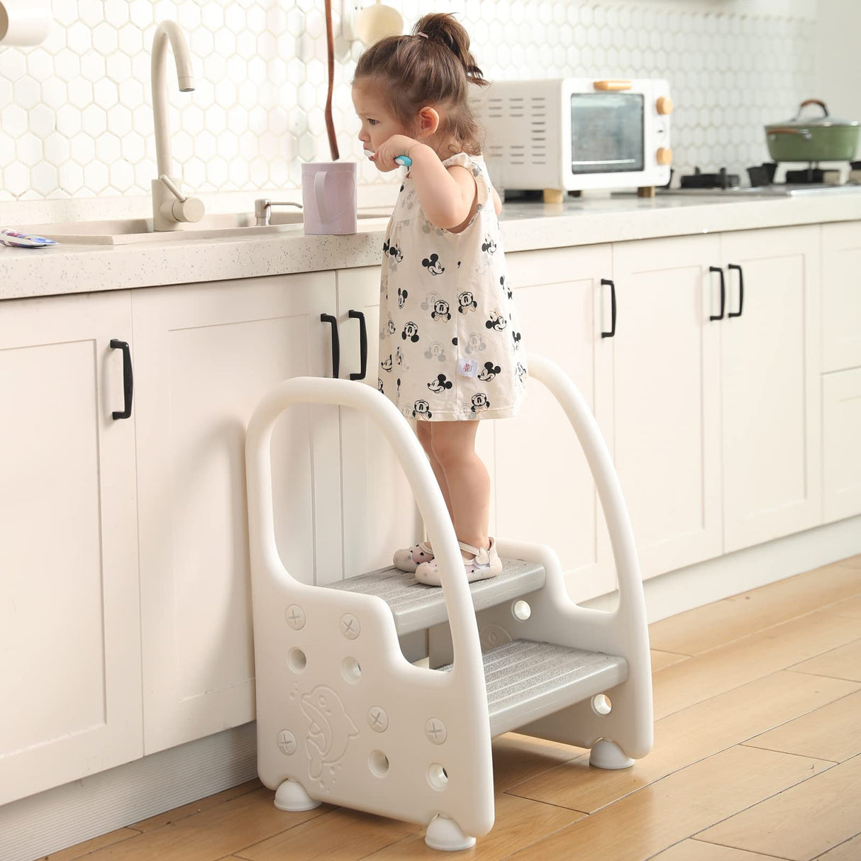 Step Stool for Kids,Toddler Step Stool with Handles and Non-Slip Steps, Two Step Stool for Toilet,Toddler Children Potty Training Kitchen Foot Stool,Gray