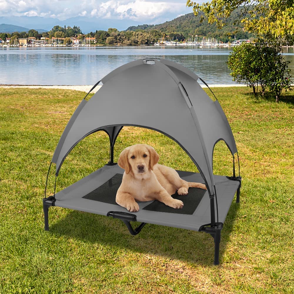Outdoor Dog Bed with Canopy, Outside Portable Cooling Raised Pet Cot for Dogs and Cats, Grey Large