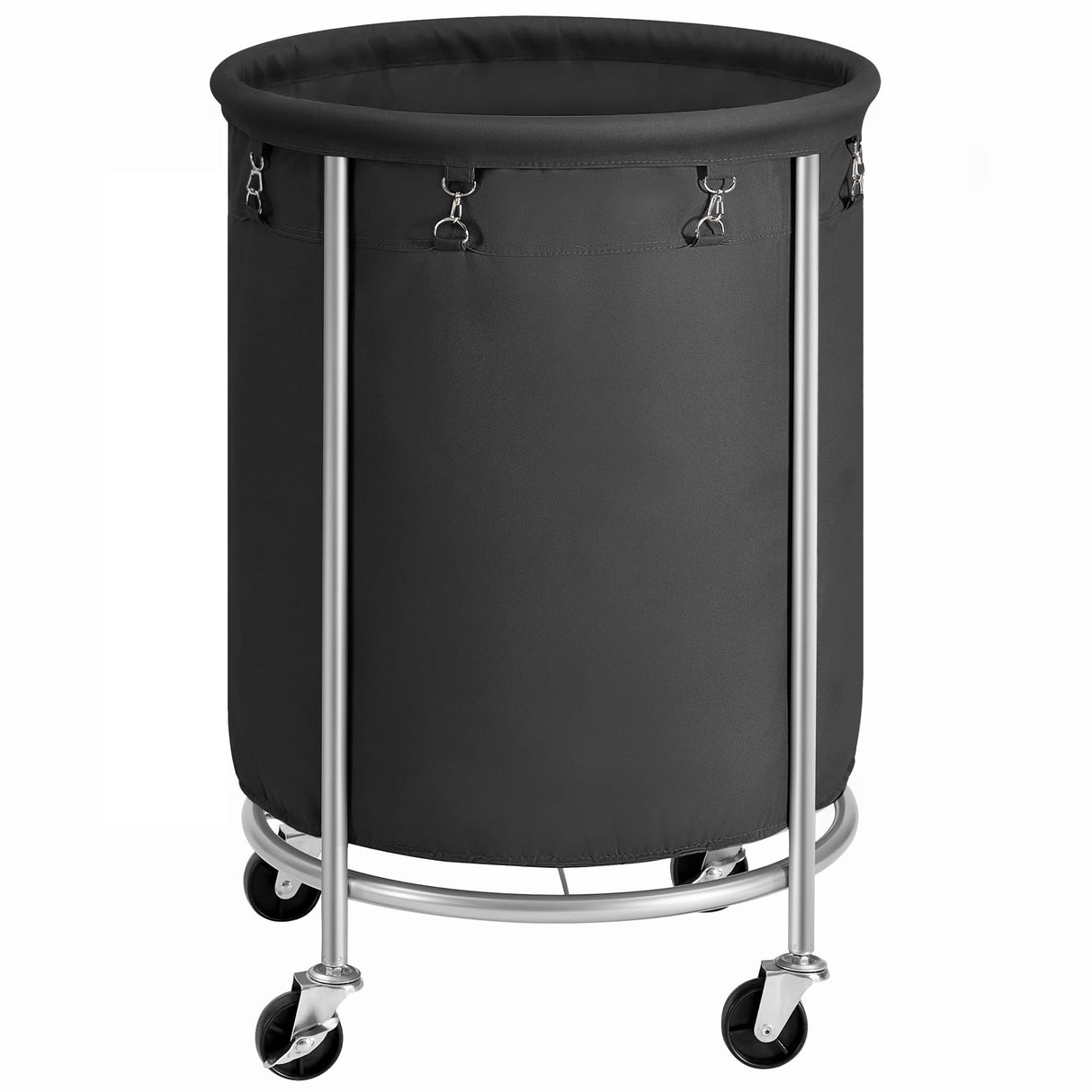 Laundry Basket with Wheels, Rolling Laundry Hamper, Round Laundry Cart with Steel Frame and Removable Bag, 4 Casters and 2 Brakes, Black and Silver URLS001B01