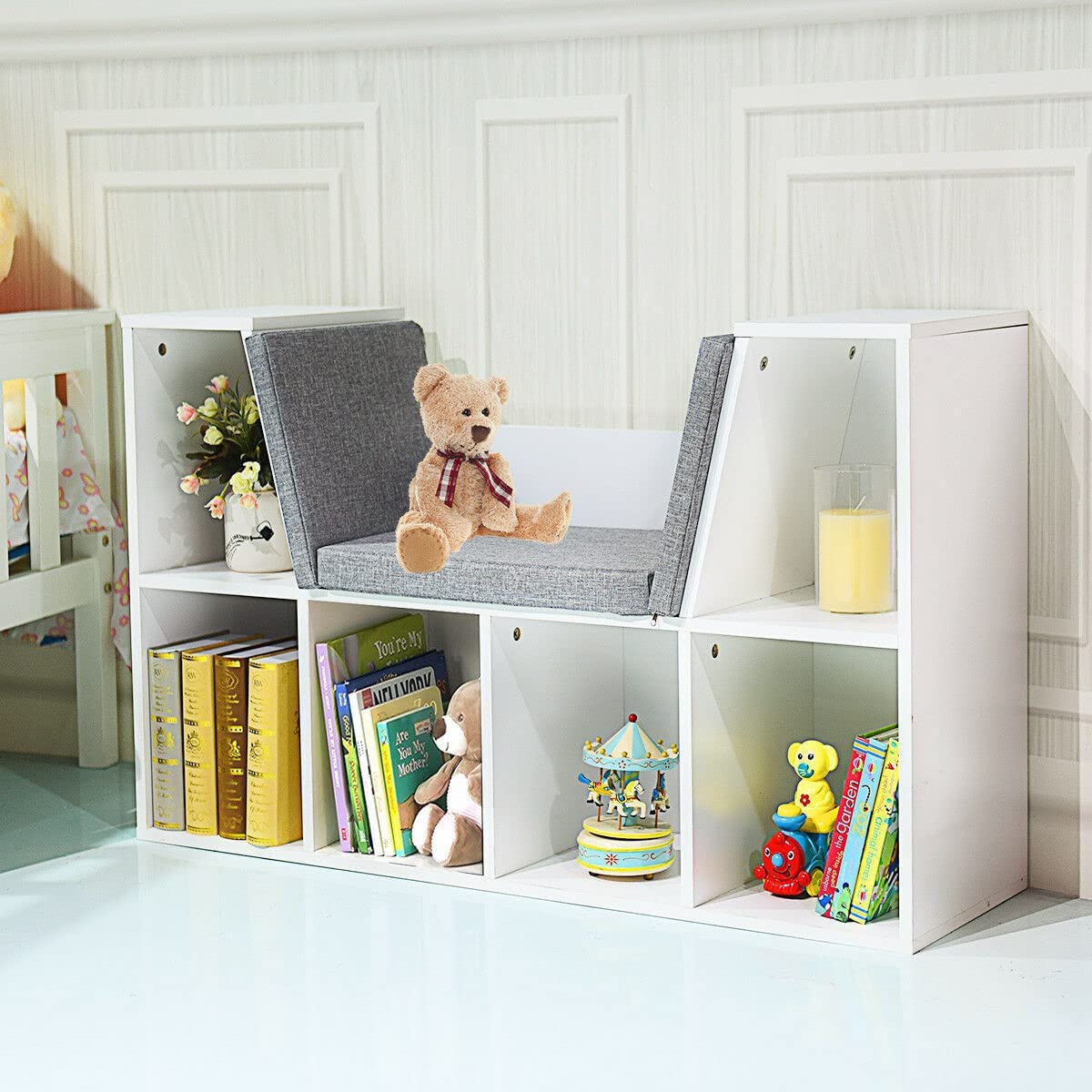 6-Cubby Kids Bookcase with Cushioned Reading Nook and Mat, Wooden Toys Books Storage Organizer Display Shelf, Storage Bookshelf with Seat for Children Girls & Boys, for Bedroom Living Room