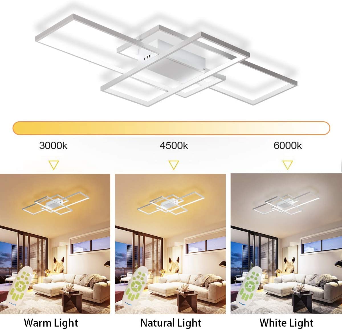 Ceiling Light Dimmable LED Chandelier with Remote Control,Modern 50W 3-Layer Square Ceiling Lamp Acrylic Flush Mount Ceiling Lights Fixtures for Bedroom Dining Living Room Kitchen(White)