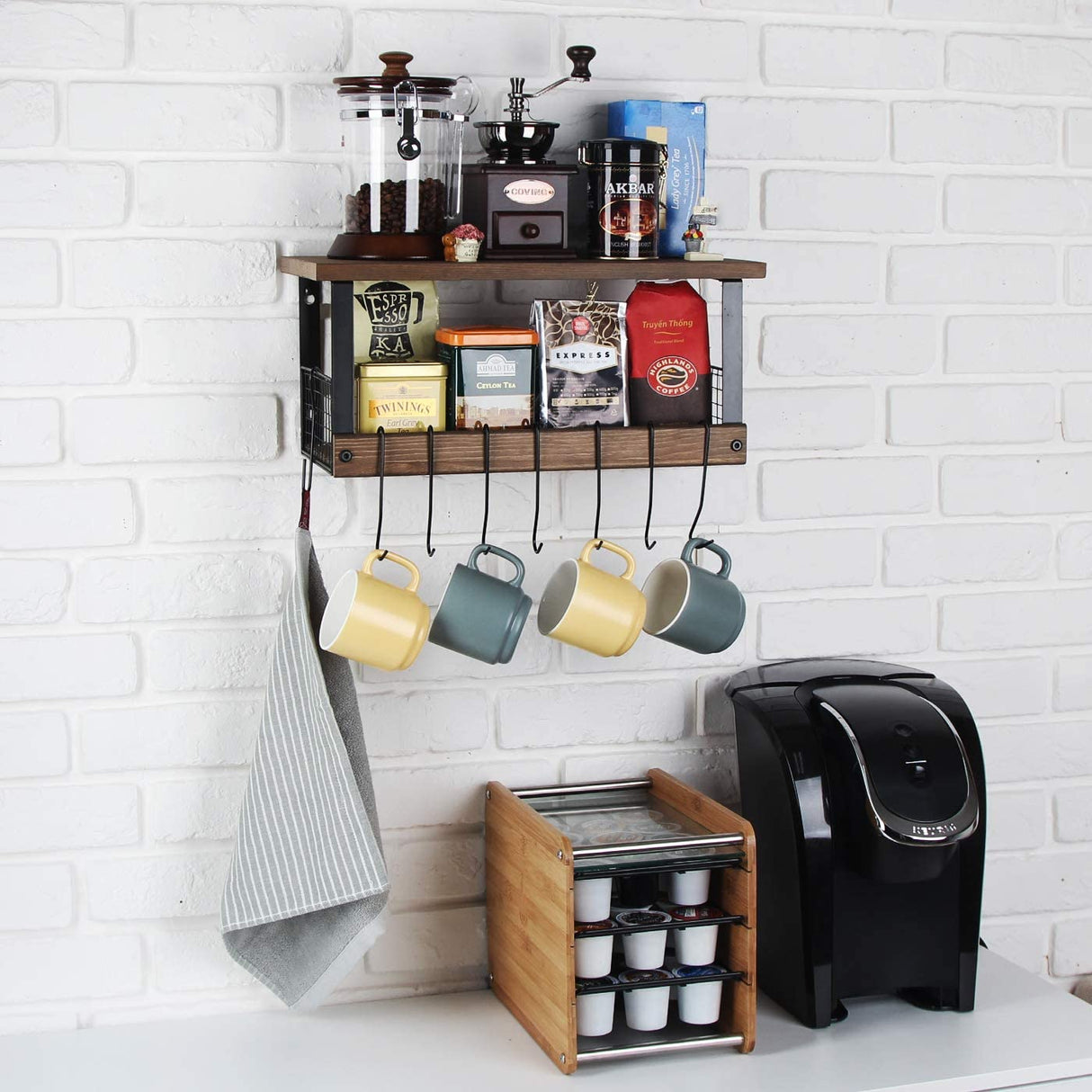 Rustic Torched Wood Kitchen Storage Shelf Wall Mount Organizer Stand with 8 Hanging Removable Hooks and 2 Shelves