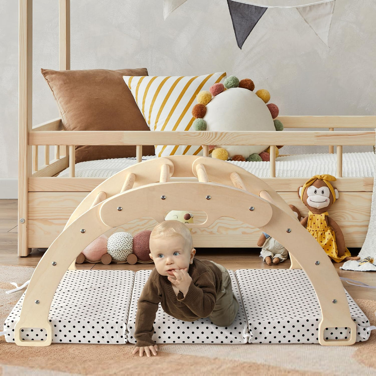 Kids Climber Arch Rocker with Cushion Pad Black,Montessori Climber Indoor Climbing Toys for Kids, Arch Climber Wooden Indoor Playground for Climbing (Small Arch Climbing with Cushion)